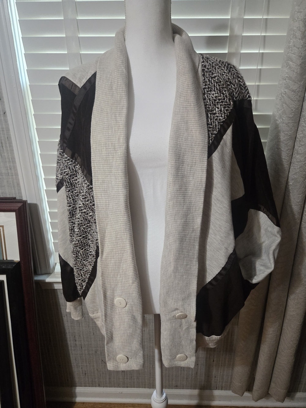 Vintage Oversize Shawl-Collar Patchwork Cardigan Sweater - Cream and Brown